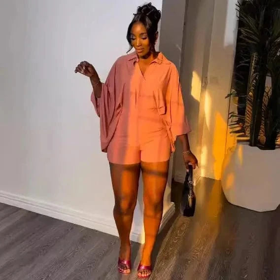 J&H Wholesale Designer Clothing 2024 Solid Color Bat Sleeve Shirt 2 Pieces Set Summer Loose Casual Two Piece Shorts Sets Women