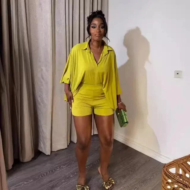 J&H Wholesale Designer Clothing 2024 Solid Color Bat Sleeve Shirt 2 Pieces Set Summer Loose Casual Two Piece Shorts Sets Women