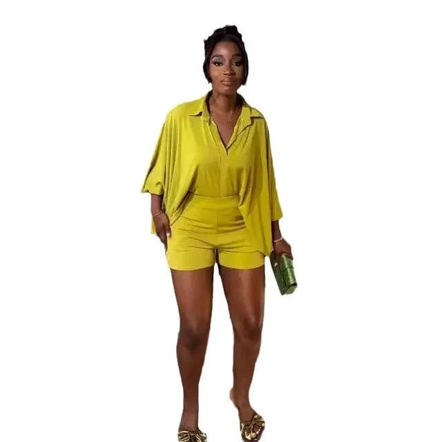 J&H Wholesale Designer Clothing 2024 Solid Color Bat Sleeve Shirt 2 Pieces Set Summer Loose Casual Two Piece Shorts Sets Women