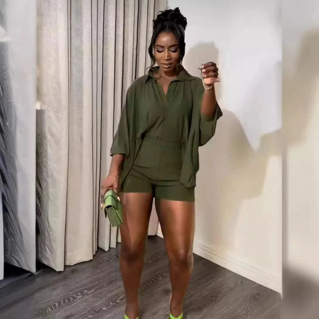 J&H Wholesale Designer Clothing 2024 Solid Color Bat Sleeve Shirt 2 Pieces Set Summer Loose Casual Two Piece Shorts Sets Women