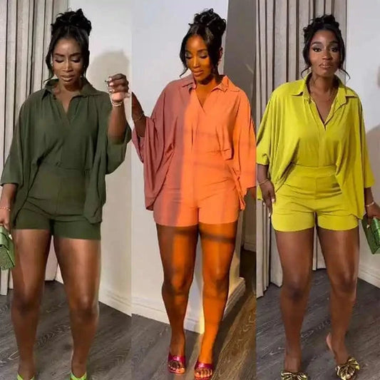 J&H Wholesale Designer Clothing 2024 Solid Color Bat Sleeve Shirt 2 Pieces Set Summer Loose Casual Two Piece Shorts Sets Women