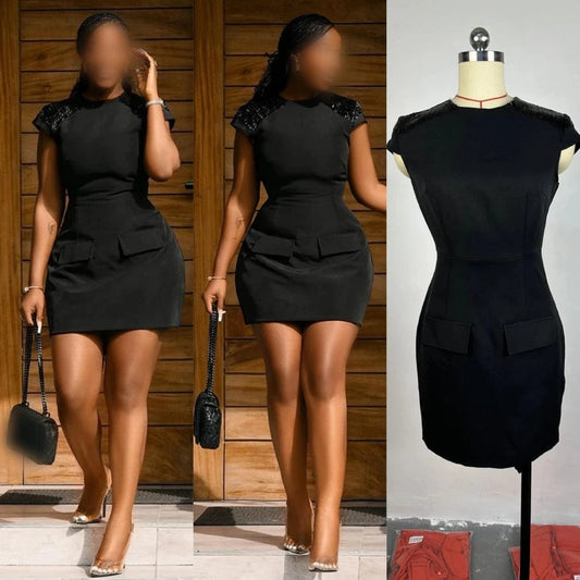 J&H Women's Clothing Lady Dresses Ladies Summer Temperament Sequined Slim Hip Little Black Women Casual Dress