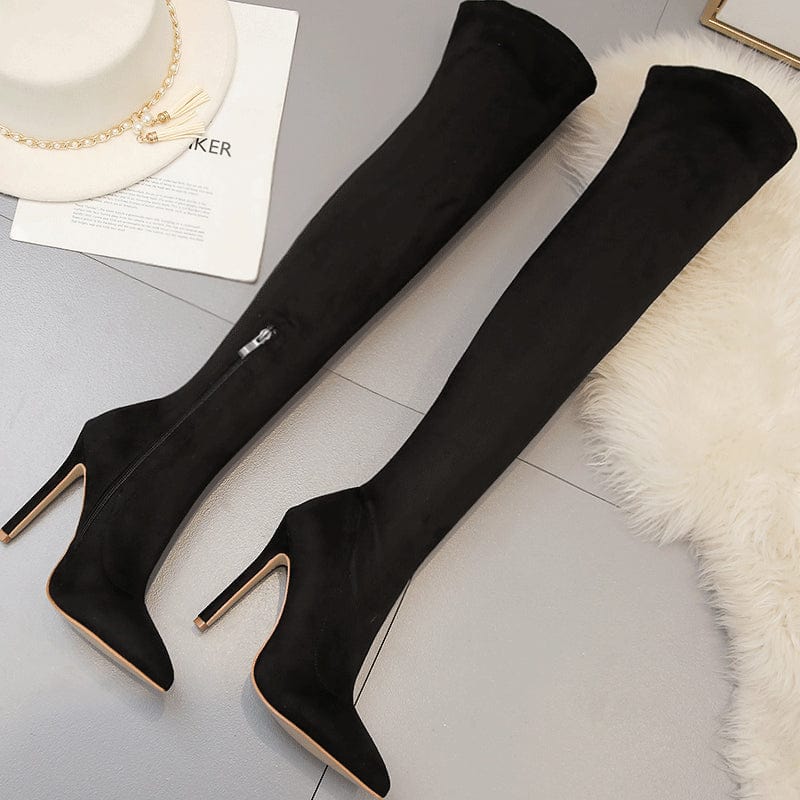 JANHE botas de mujer Sexy Ladies Pointed Thigh High Boots Heel Black Elastic Women's Boots Overknee Women Long Boots
