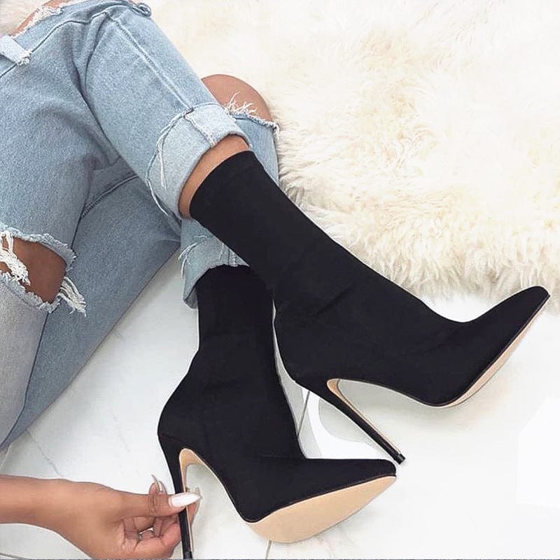 JANHE botas de mujer Sexy Ladies Pointed Thigh stiletto High Heel Black Elastic ankle boots ladies shoes women's boot