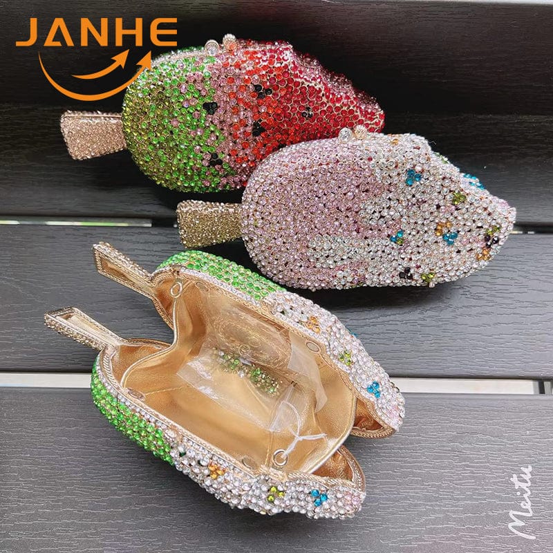JANHE Crystal French Fries Chips Clutch Shoulder Begs Metal Chain Women Evening Box Bags Wedding Party Purse Rhinestone Handbags