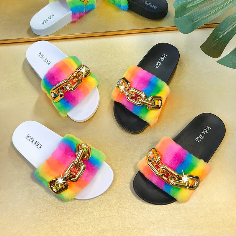 JANHE Selipar sepatu pantuflas chinelos slides footwear women's flats sandal colour Chain Fur slides slippers
