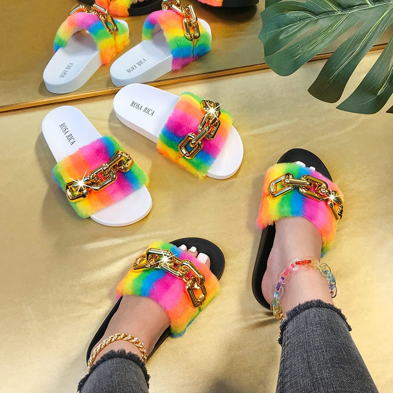 JANHE Selipar sepatu pantuflas chinelos slides footwear women's flats sandal colour Chain Fur slides slippers