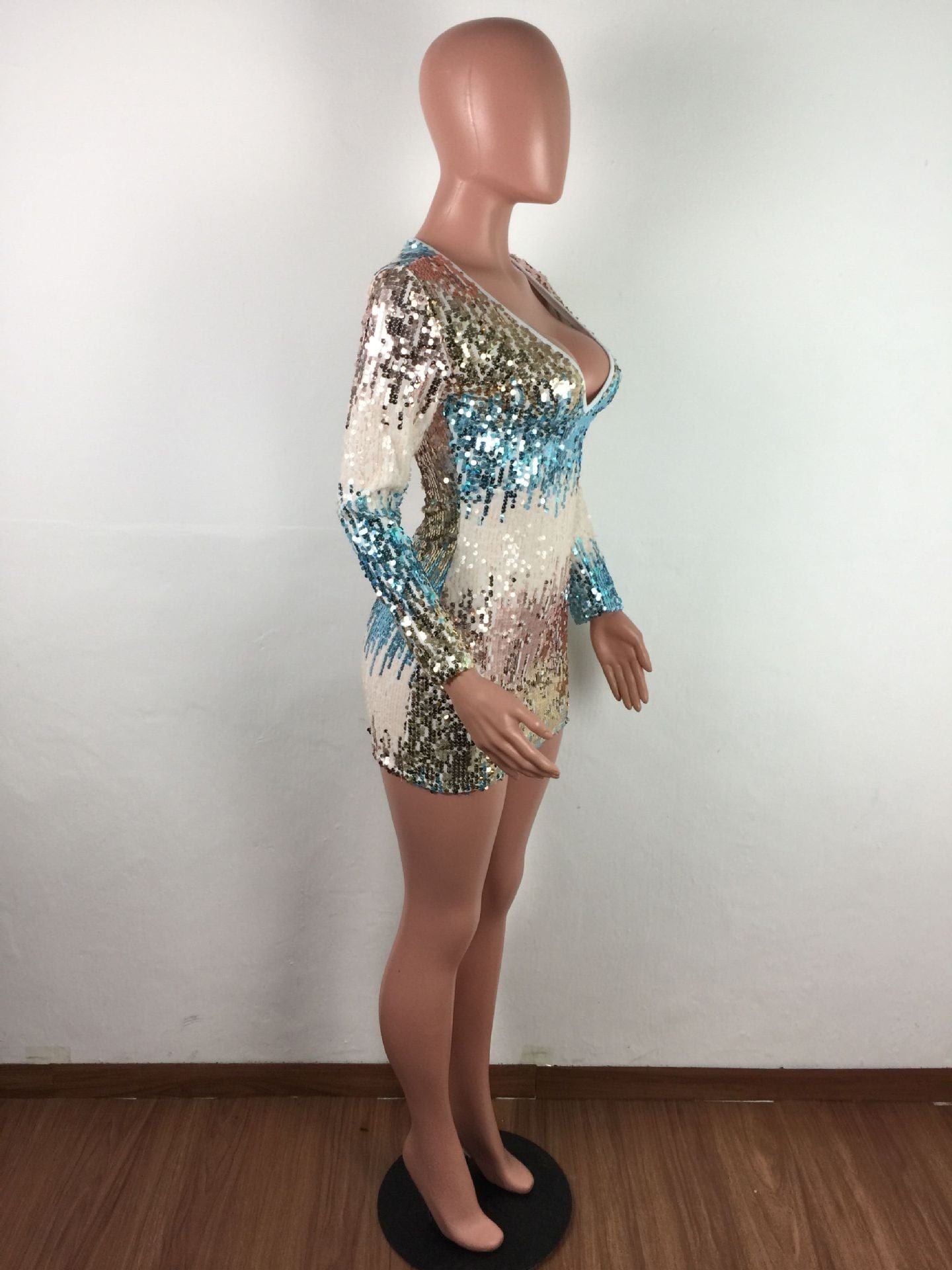 JANHE vestidos de fiesta robes femme Ladies Bling teal sequin fashion night prom dress girls party Deep V Sexy Club Dress