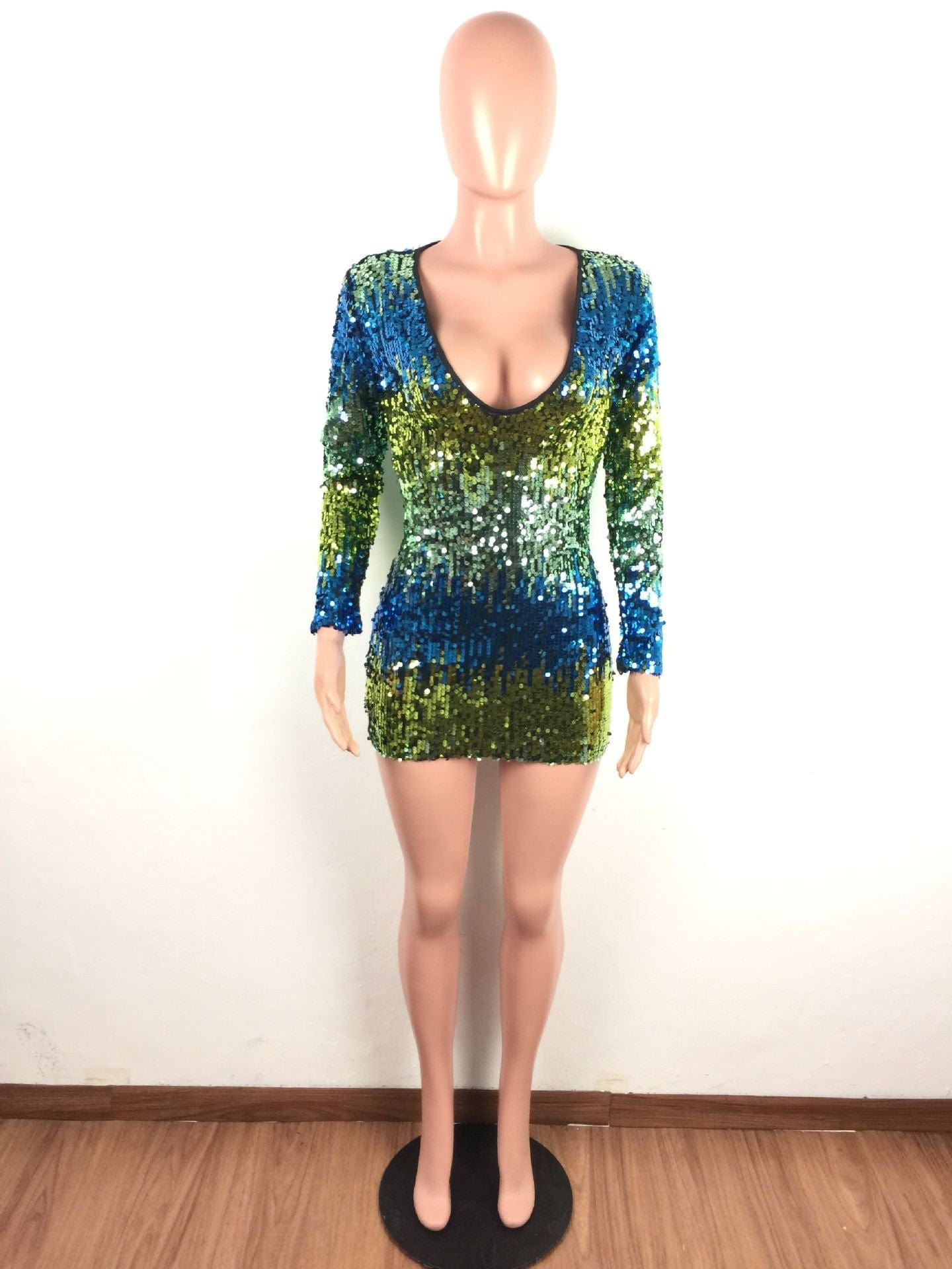 JANHE vestidos de fiesta robes femme Ladies Bling teal sequin fashion night prom dress girls party Deep V Sexy Club Dress