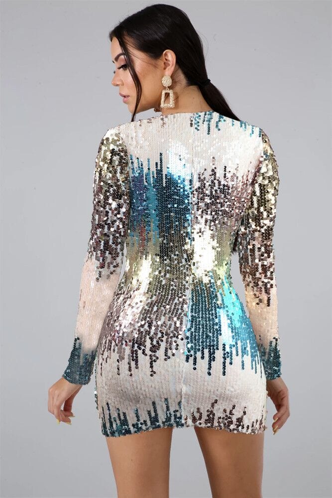 JANHE vestidos de fiesta robes femme Ladies Bling teal sequin fashion night prom dress girls party Deep V Sexy Club Dress