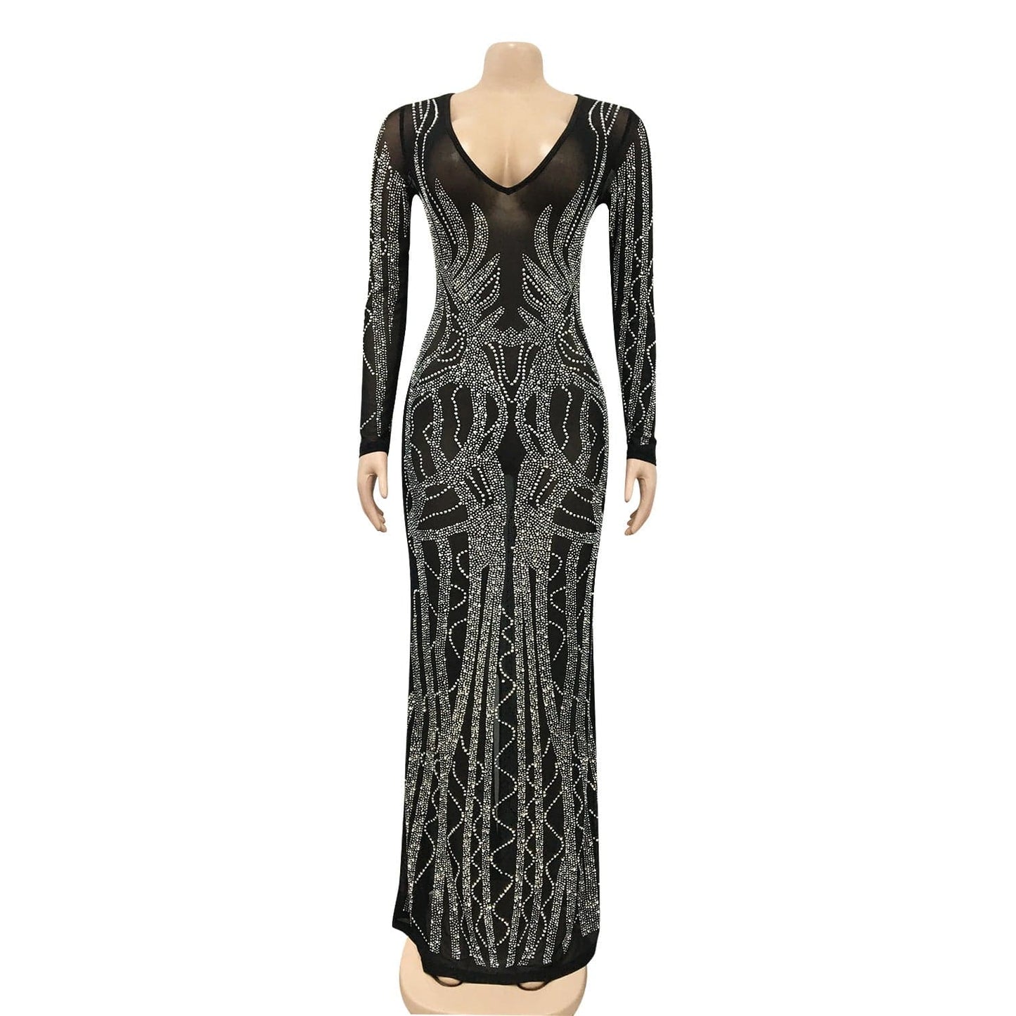 JANHE vestidos de fiesta robes femme shiny bling Maxi dresses Lady bodycon Sexy club deep V neck black dress party evening dress