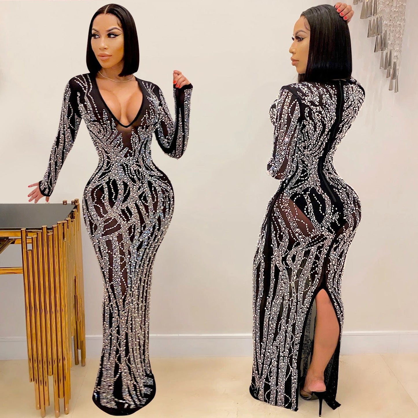 JANHE vestidos de fiesta robes femme shiny bling Maxi dresses Lady bodycon Sexy club deep V neck black dress party evening dress