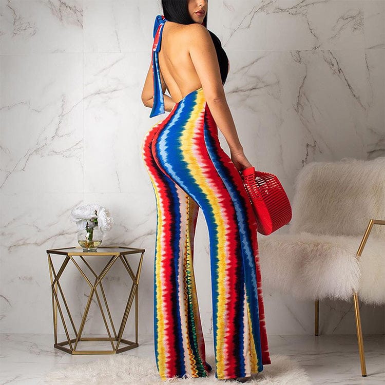 JB-19101252 Summer New Stylish Halter Neck Shimmer Irregular Pattern Wide Leg One Piece Jumpsuit Women
