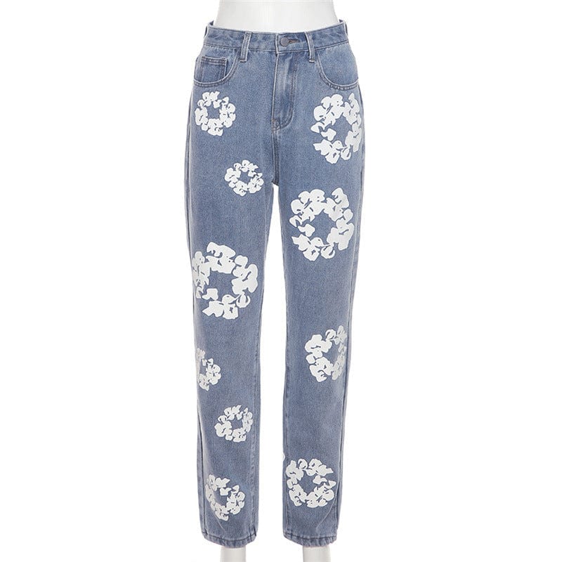 Jeans Manufacturer 2023 New Street Daisy Print High Waist Jeans Dropshipping Women's Skinny Jeans