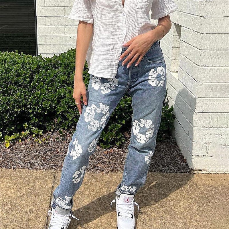 Jeans Manufacturer 2023 New Street Daisy Print High Waist Jeans Dropshipping Women's Skinny Jeans