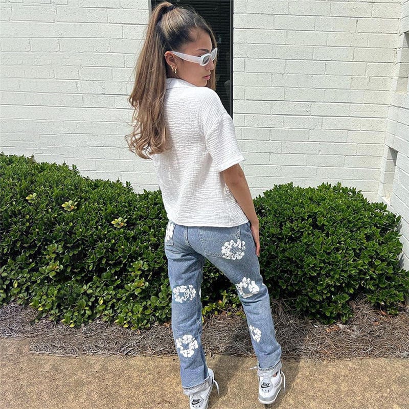 Jeans Manufacturer 2023 New Street Daisy Print High Waist Jeans Dropshipping Women's Skinny Jeans