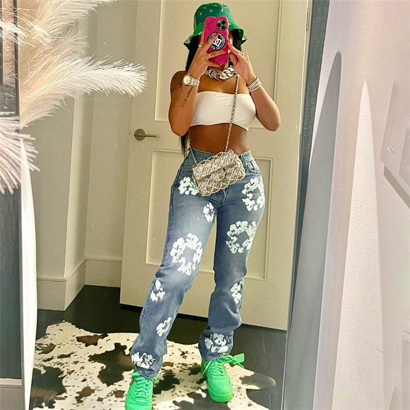 Jeans Manufacturer 2023 New Street Daisy Print High Waist Jeans Dropshipping Women's Skinny Jeans