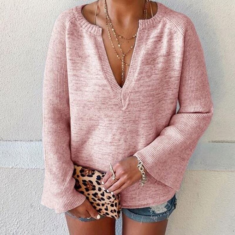 Jumper Sweaters Woman For Knitwear V Wholesale Plus Size Pullover Knit Sweater Female Deep V-Neck Trumpet Sleeve Sexy Top Wom