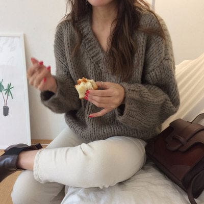 Jumper Sweaters Woman Knit De Factory Korean Fall Winter Fashion Thick Stitch V Neck Chunky Plus Size Sweater Pullover Women