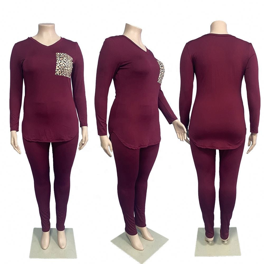 KC 2022 fall and winter women plus size Leopard pocket 2 piece jogging set clothing