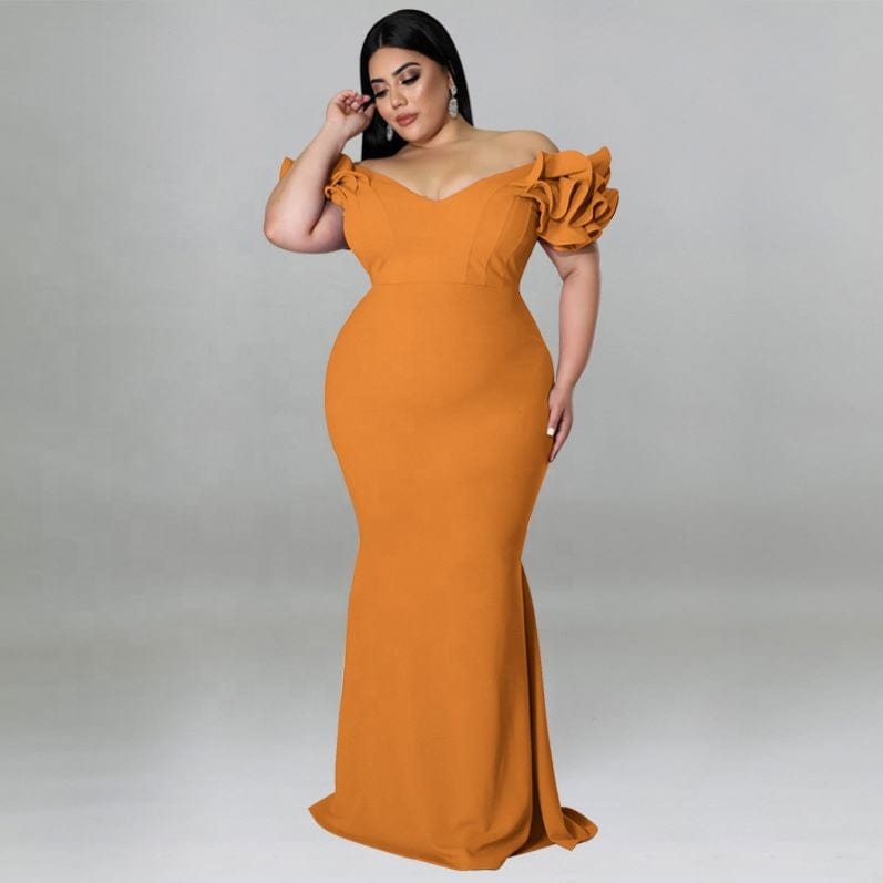 kc 2022 Summer New Plus Size Women Mermaid Dresses Ruffle Sleeve V Neck Slim Backless Maxi Dress Ladies Party Evening Dresses