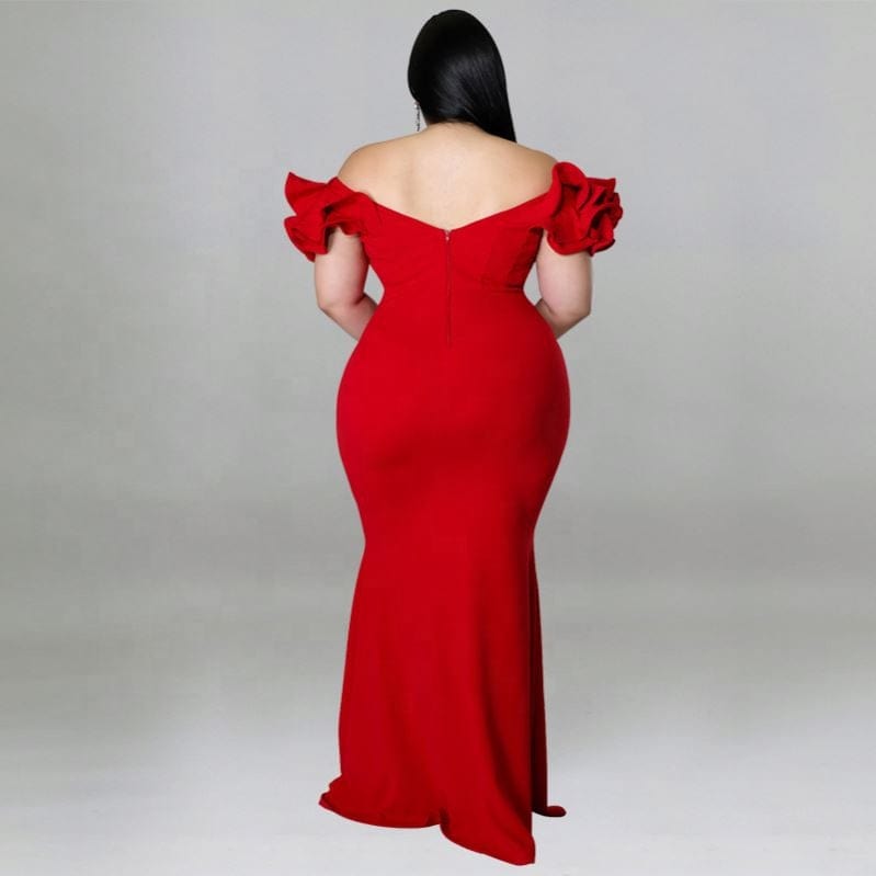 kc 2022 Summer New Plus Size Women Mermaid Dresses Ruffle Sleeve V Neck Slim Backless Maxi Dress Ladies Party Evening Dresses