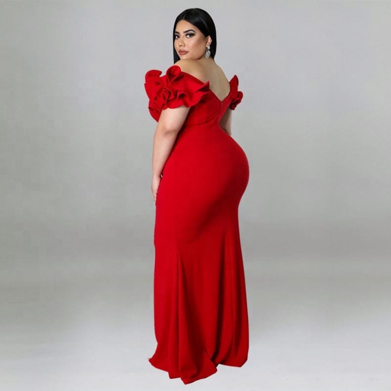 kc 2022 Summer New Plus Size Women Mermaid Dresses Ruffle Sleeve V Neck Slim Backless Maxi Dress Ladies Party Evening Dresses