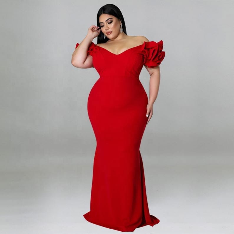 kc 2022 Summer New Plus Size Women Mermaid Dresses Ruffle Sleeve V Neck Slim Backless Maxi Dress Ladies Party Evening Dresses