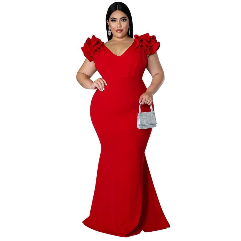 kc 2022 Summer New Plus Size Women Mermaid Dresses Ruffle Sleeve V Neck Slim Backless Maxi Dress Ladies Party Evening Dresses