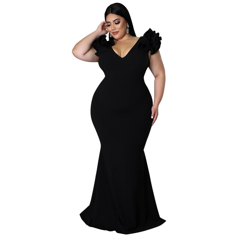 kc 2022 Summer New Plus Size Women Mermaid Dresses Ruffle Sleeve V Neck Slim Backless Maxi Dress Ladies Party Evening Dresses
