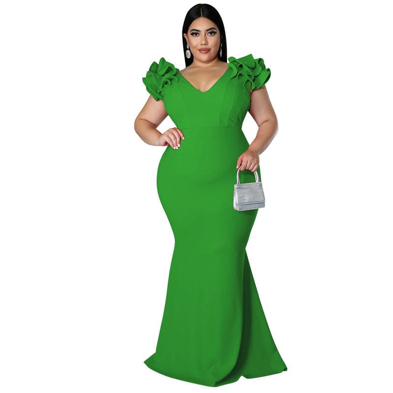 kc 2022 Summer New Plus Size Women Mermaid Dresses Ruffle Sleeve V Neck Slim Backless Maxi Dress Ladies Party Evening Dresses