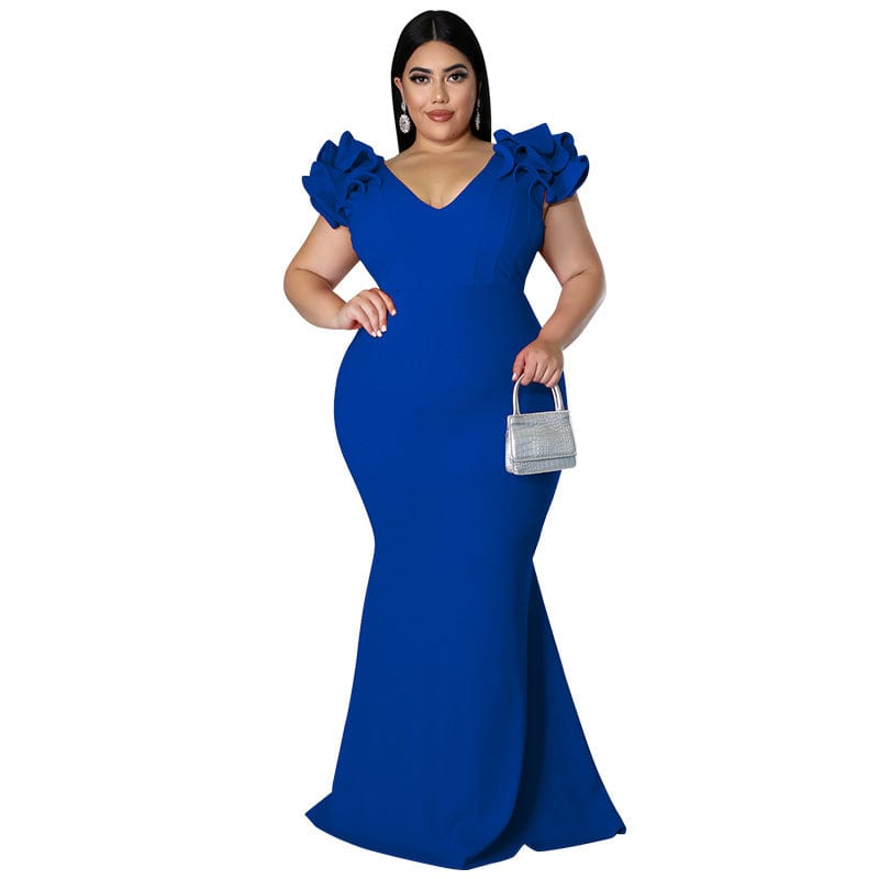 kc 2022 Summer New Plus Size Women Mermaid Dresses Ruffle Sleeve V Neck Slim Backless Maxi Dress Ladies Party Evening Dresses
