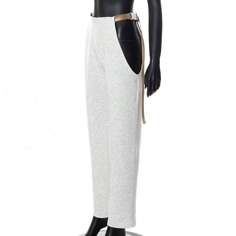 kc Custom Logo Designer Sweatpants Sexy Side Button Track Sport Pants Women Belt Buckle Gray Sweat Pants