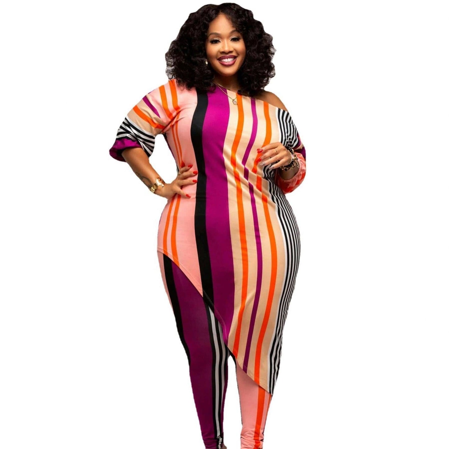 kc Hot plus size casual fashion printed striped suit women