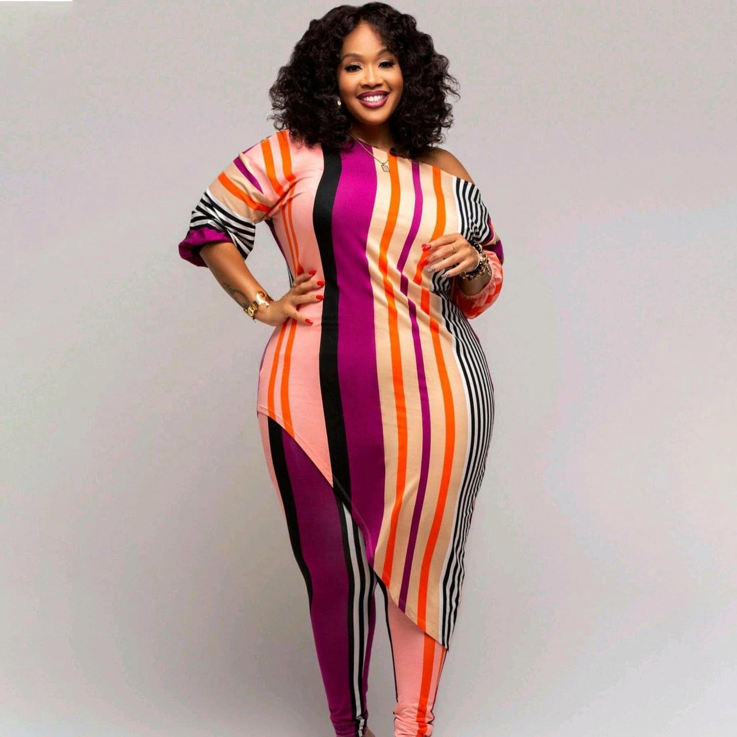 kc Hot plus size casual fashion printed striped suit women