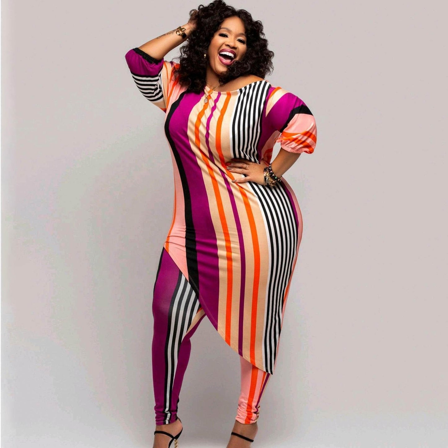 kc Hot plus size casual fashion printed striped suit women