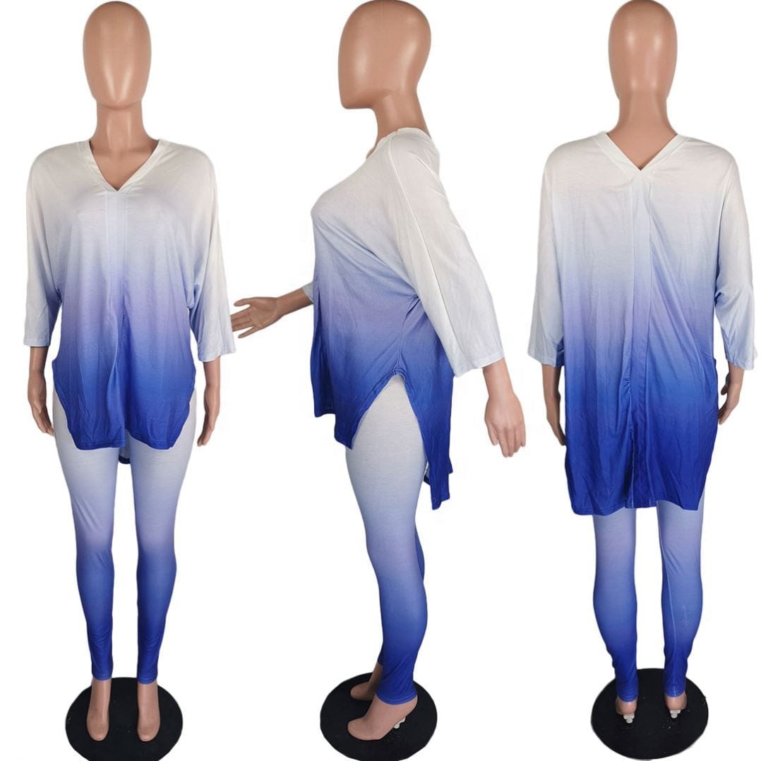 KC S to 4XL women plus size V neck slit gradient color two piece set