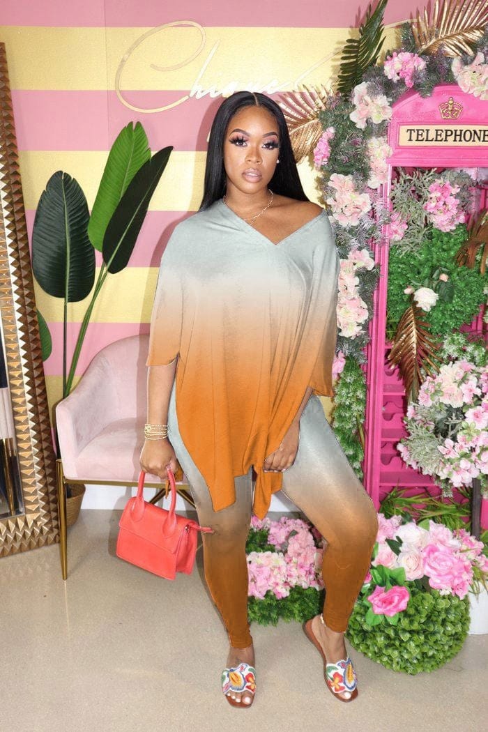 KC S to 4XL women plus size V neck slit gradient color two piece set
