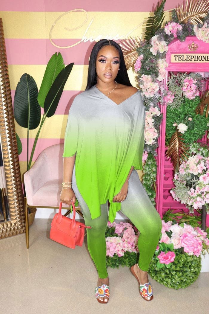 KC S to 4XL women plus size V neck slit gradient color two piece set