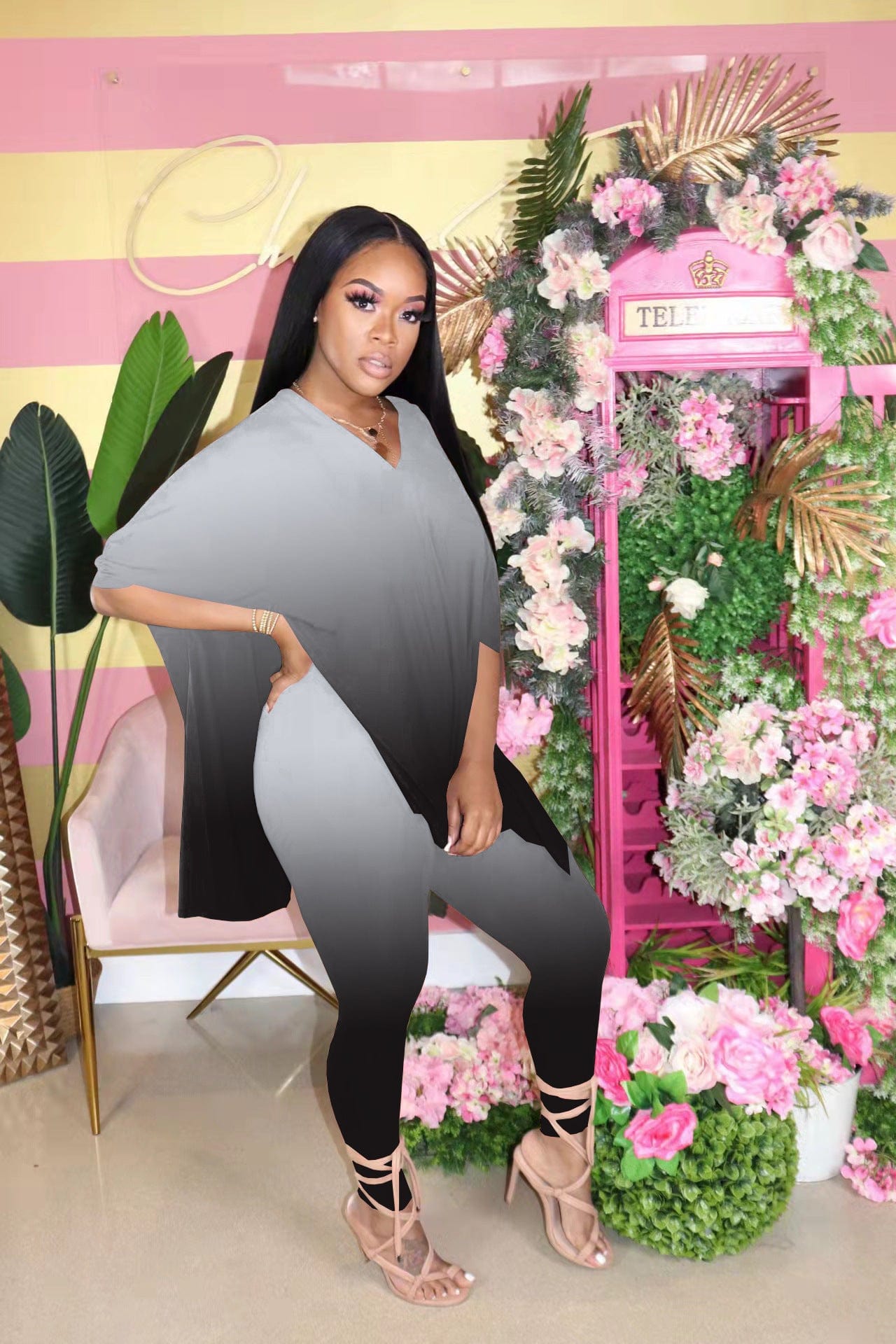 KC S to 4XL women plus size V neck slit gradient color two piece set