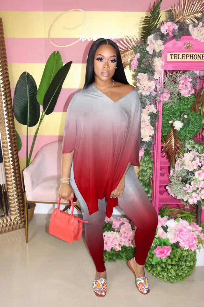 KC S to 4XL women plus size V neck slit gradient color two piece set