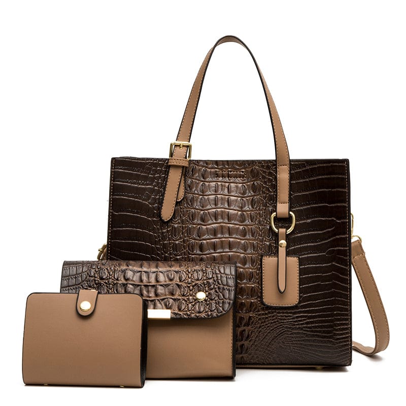 Khaki Crocodile Pattern Shoulder Handbag Soft Leather Tote Bag Luxury Handbag Sets 3 Pieces Lady Hand Bags
