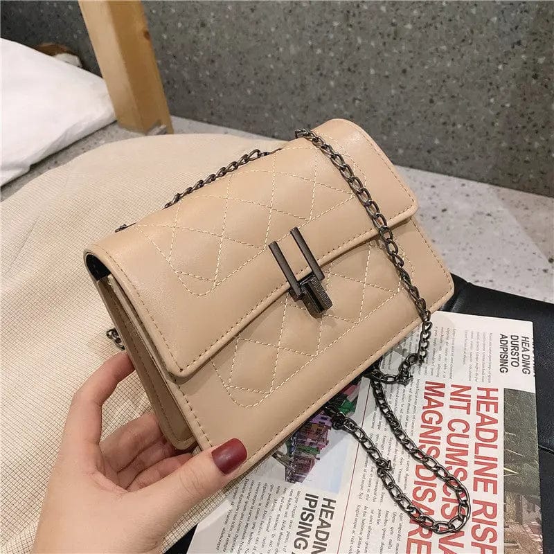 KHAKI M283 Fashion PU Leather Hasp Women Chain Shoulder Messenger Handbags Autumn Solid Color Lattice Pattern Ladies Crossbody Bag