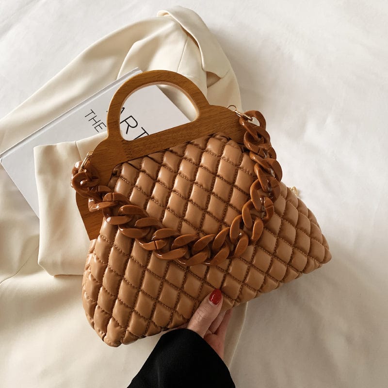 Khaki Thick Chains Design Quilted Crossbody Bag PU Leather Padded Shoulder Wooden Handle Luxury Handbags for Women 2022