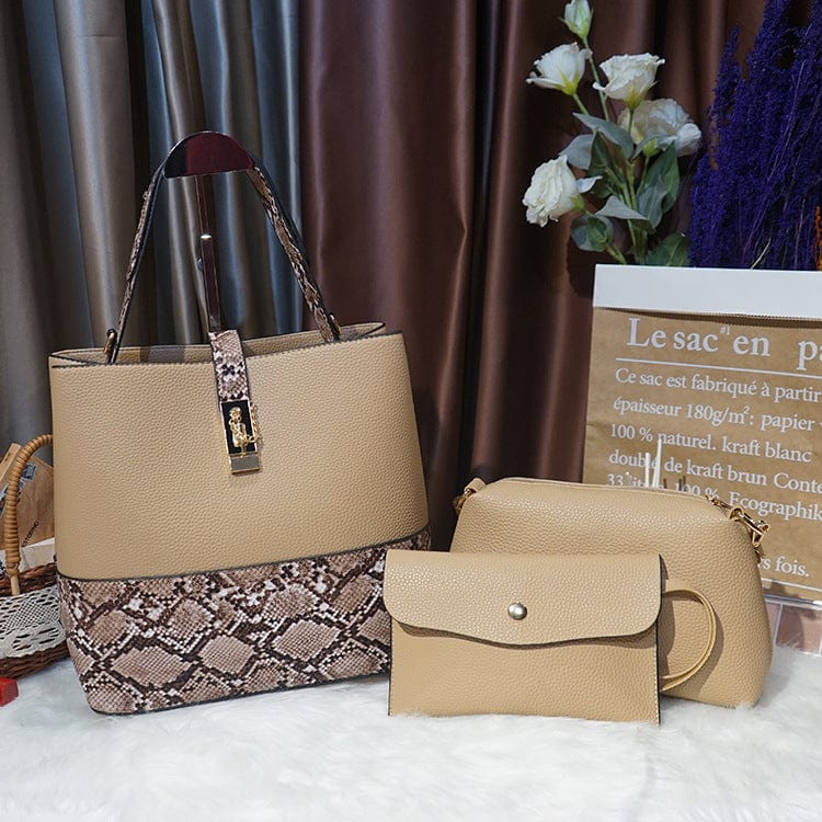Khaki Women's Fashion Handbags Vintage Large Capacity Snakeskin Designer 3 in 1 Purses and Handbags