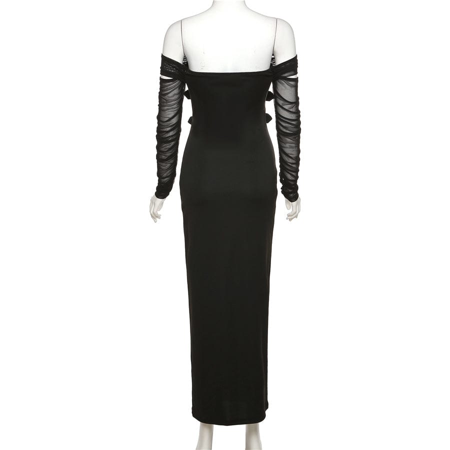 Kliou K22D23677 New Solid Long Sleeve Neckless Slim Long Classic Dress Elegant Women Dresses Elegant Mesh Slim Dress