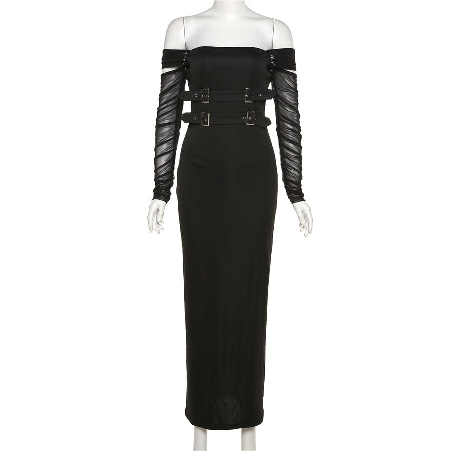 Kliou K22D23677 New Solid Long Sleeve Neckless Slim Long Classic Dress Elegant Women Dresses Elegant Mesh Slim Dress