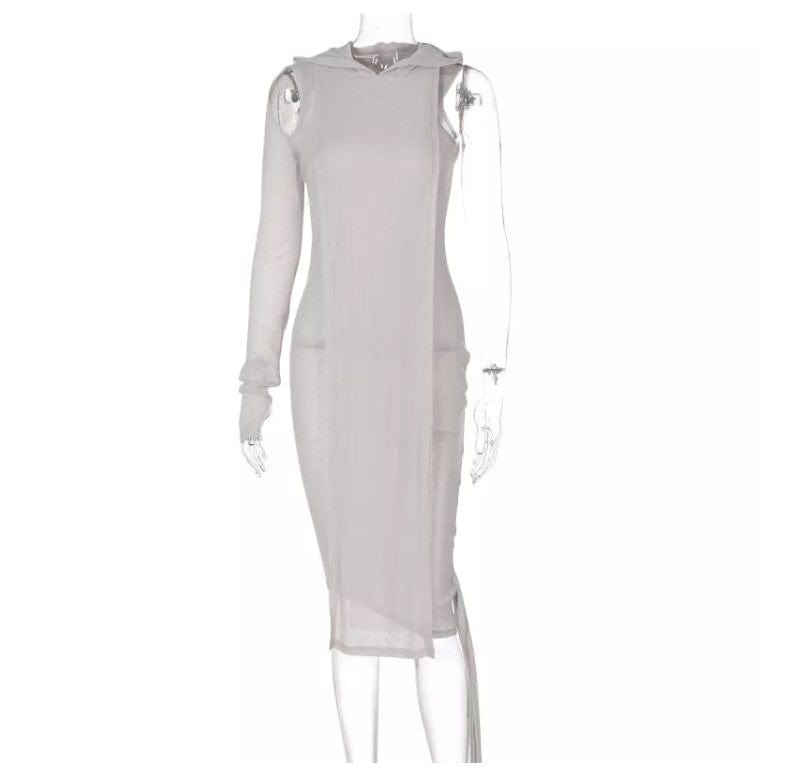 Kliou M21D07233 Autumn Fashion Irregular One Shoulder Long Sleeves Solid Color Slim Dress See Through Hooded Maxi Dress Ladies