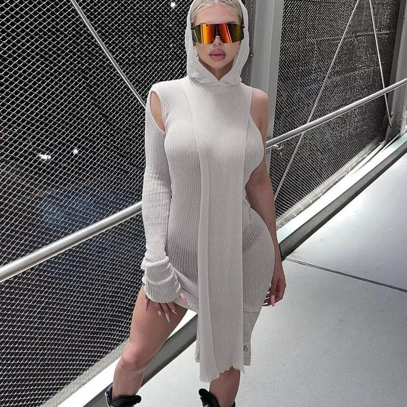 Kliou M21D07233 Autumn Fashion Irregular One Shoulder Long Sleeves Solid Color Slim Dress See Through Hooded Maxi Dress Ladies