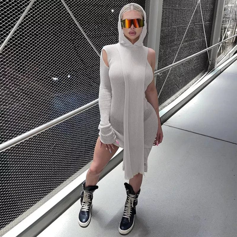 Kliou M21D07233 Autumn Fashion Irregular One Shoulder Long Sleeves Solid Color Slim Dress See Through Hooded Maxi Dress Ladies